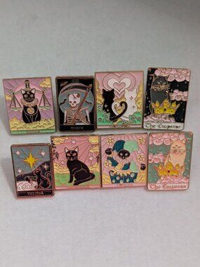 Lot (8) Miniature Tarot Card Cats, Skeleton Lapel Tac Pins